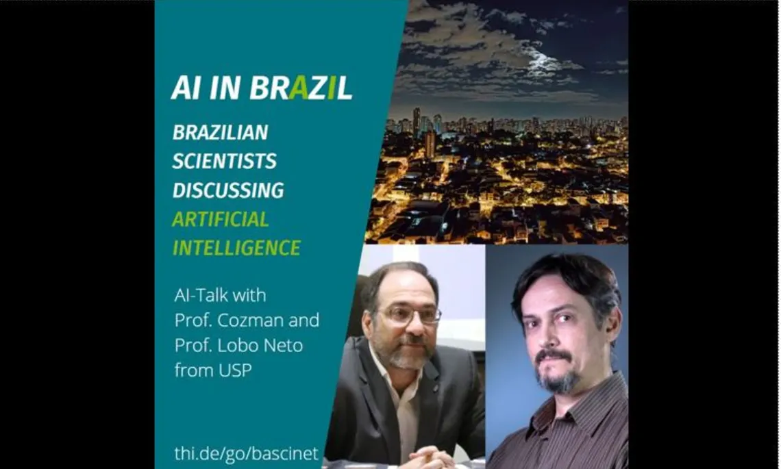 Abbildung von Prof. Lobo Netto und Prof. Cozman sowie einem Bild von Sao Paulo bei Nacht