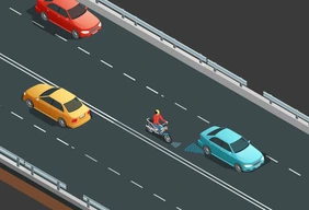The picture shows a simulation of a car and a motorcycle behind it