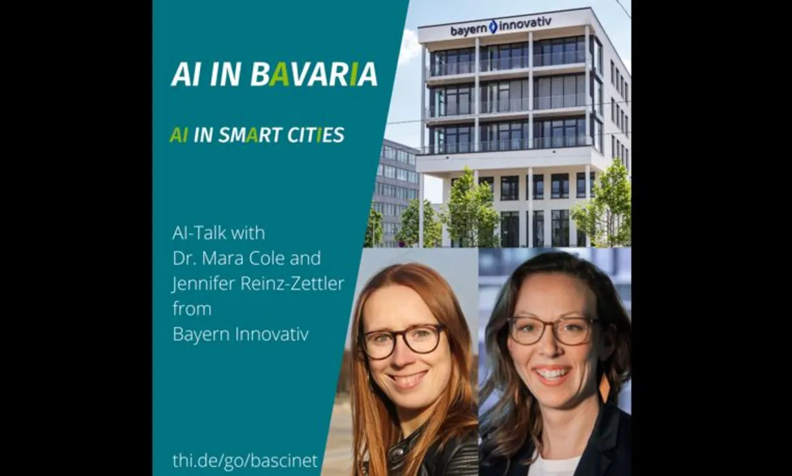 Abbildung des Bayern Innovativ Gebäudes sowie Poträtfotos von Dr. Mara Cole und Jennifer Reinz-Zettler