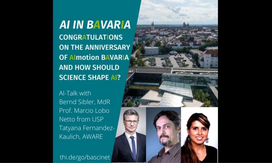 Image of an aerial view of the THI with a view of Ingolstadt as well as portrait photos of Bernd Sibler, MdL, Prof. Dr Marcio Lobo Netto from the USP and Tatyana Fernandez Kaulich, from AWARE.