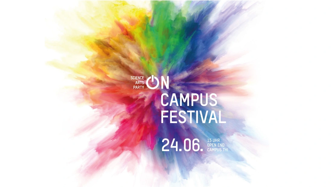 Abbildung eines bunten Farbklecks mit der Text ON Campus Festival 24.06.2022