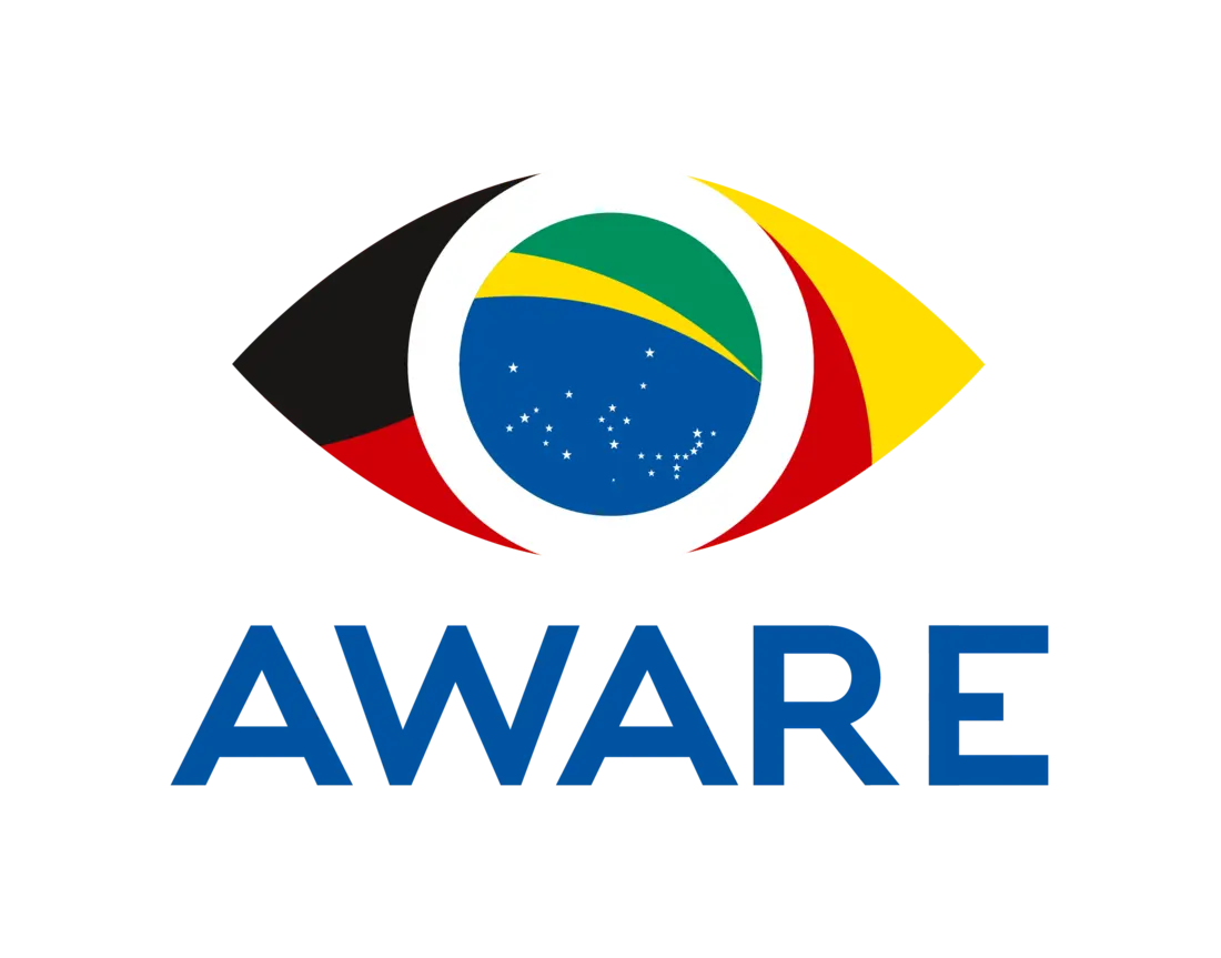 The AWARE Logo shows an eye framed by German and Brazilian flags.