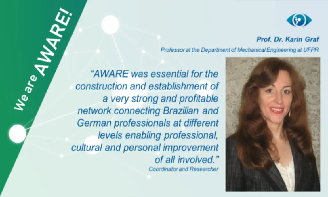 It is a testimonial in english by Professor Graf of UFPR. The text says: "AWARE was essential for the construction and establishment of a very strong and profitable network connecting Brazilian and German professionals at different levels enabling professional, cultural and personal improvement of all involved."