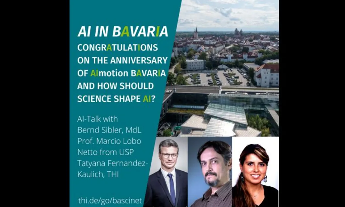 Image of an aerial view of the THI with a view of Ingolstadt as well as portrait photos of Bernd Sibler, MdL, Prof. Dr Marcio Lobo Netto from the USP and Tatyana Fernandez Kaulich, from AWARE.