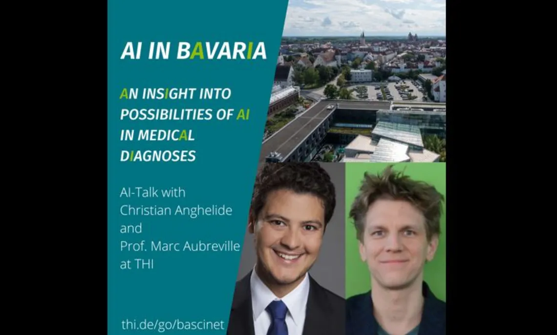 Abbildung eines Luftbildes der THI mit Blick Richtung Ingolstadt sowie Portraitfotos von Christian Anghelide und Prof. Marc Aubreville