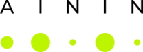 Representation of AININ logo with neon green dots of different size underneath it.