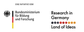 Illustration Logo Bundeministeriums für Bildung und Forschung and lettering Research in Germany - Land of Ideas