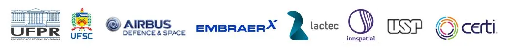 Darstellung der Logos der weiteren Partner: UFPR, UFSC, Airbus Defence & Space, Empbraer x, lactec, innspatial, usr, certi