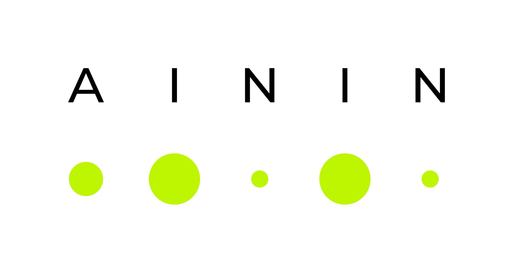Showing the AININ logo with the letter AININ and neon green dots under it.