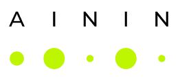 Representation of the AININ logo as a lettering with neon green dots in different sizes under it